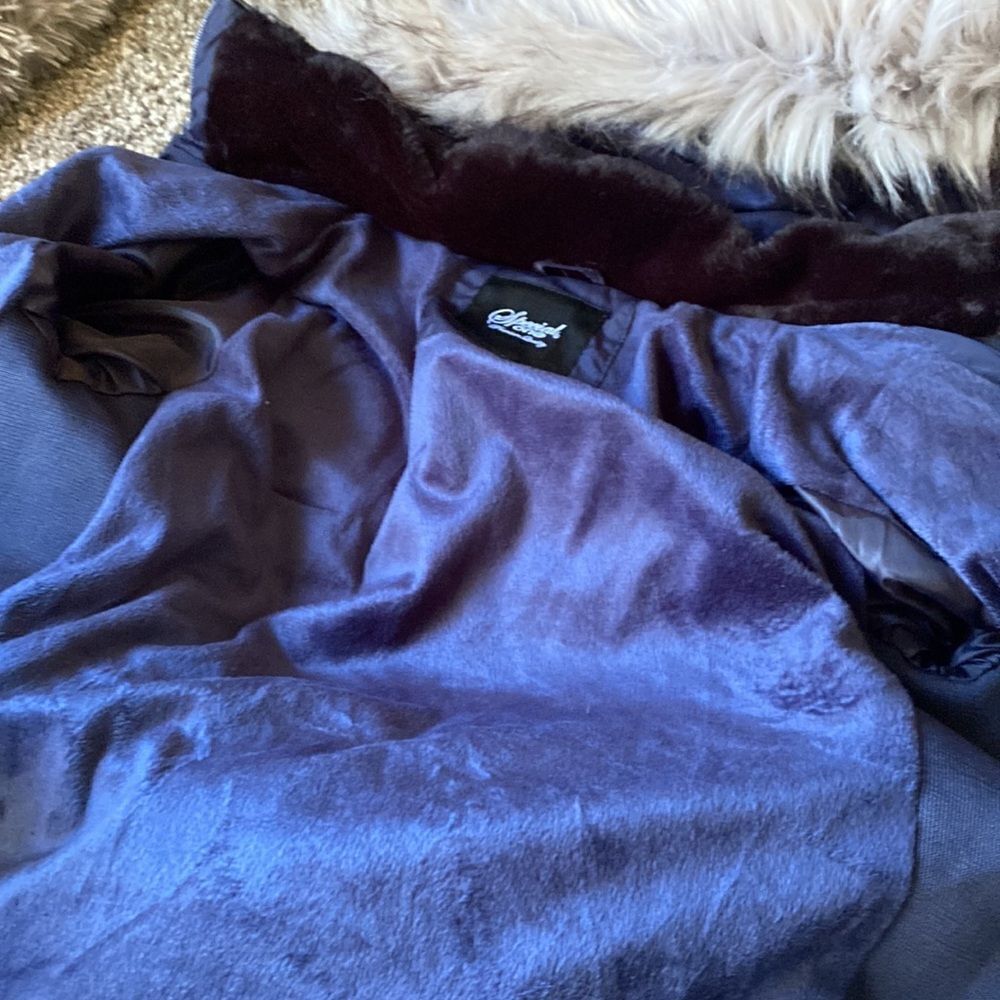 Navy Blue puffer coat thick fur hooded small NEW - Picture 6 of 9